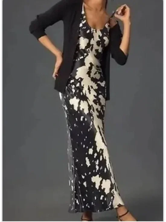 Anthropologie Black & Cream (cow print) Slip Midi Dress - Picture 1 of 4